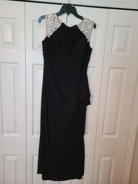 Alex Evenings Black Maxi Dress with White Lace Shoulders